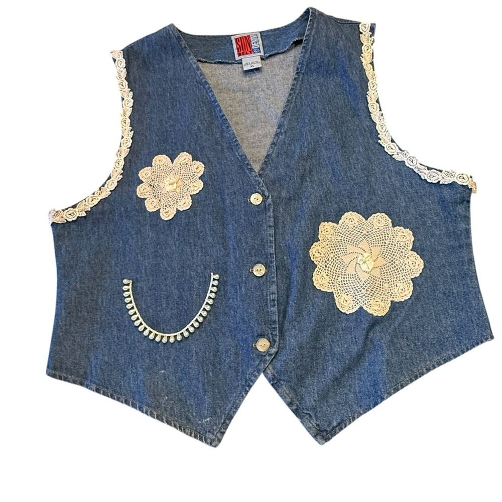 Vintage Sunbelt Blue Denim Vest with Ivory Crochet Trim Womens XL